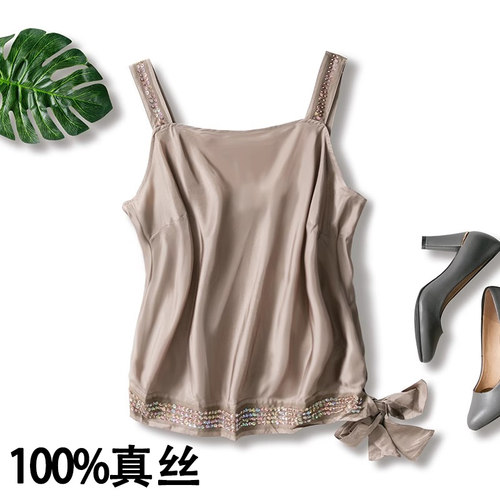 真丝吊带背心大码上衣亮片蝴蝶结