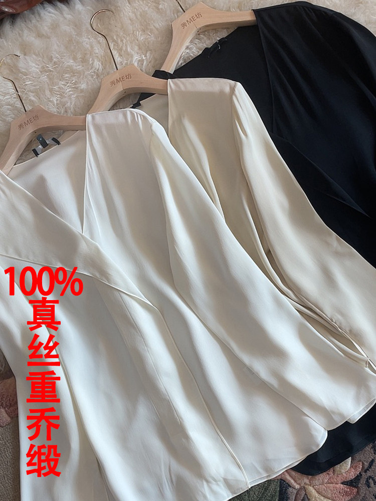 여성용 40MM 멀베리 실크 러플 브이넥 셔츠 변덕스러운 통근 스트레이트 풀오버 긴팔 실크 탑