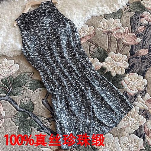 真丝珍珠缎印花法式蝴蝶结背心裙