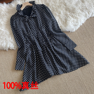 A字裙 波点显瘦修身 3000 纯真丝连衣裙100桑蚕丝短裙木耳边小码
