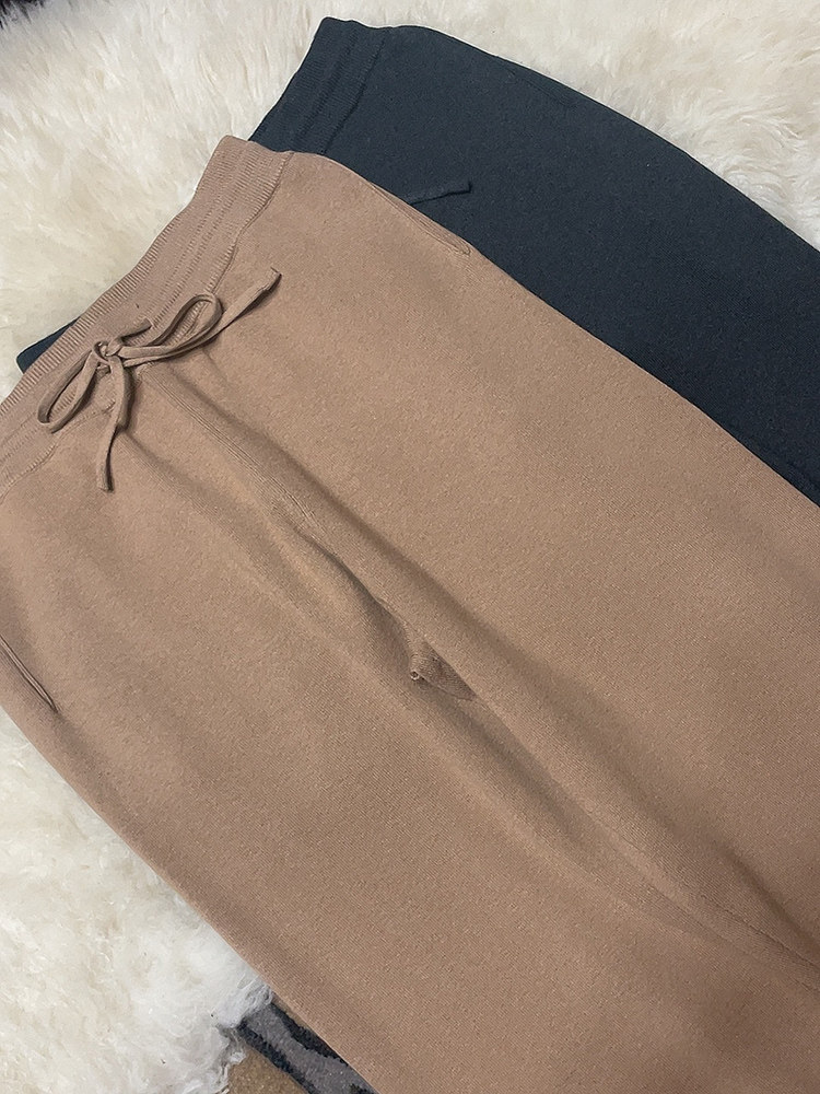 AUTUMN AND WINTER THICKENED DRAPED SILK WIDE-LEG PANTS WOMENS HIGH-WAISTED KNITTED FRIED STREET TROUSERS WEAR CASUAL STRAIGHT-LEG CASHMERE PANTS OVER THE TOP