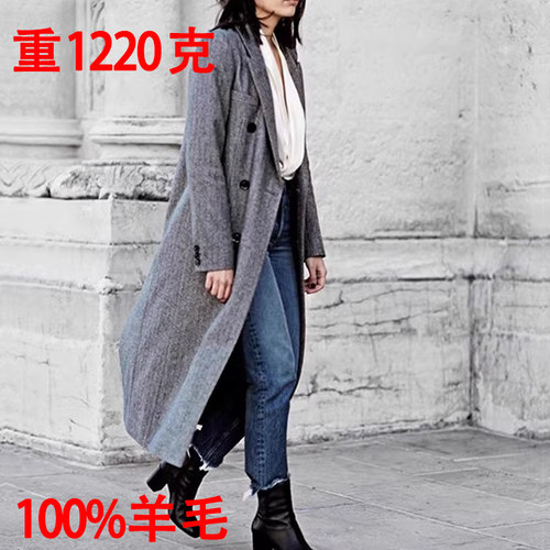 100%羊毛毛呢大衣女冬人字纹开叉