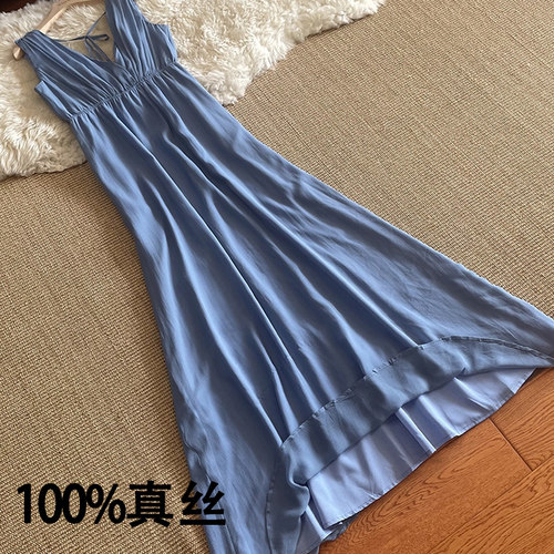 真丝连衣裙双V领礼服裙拖地及踝