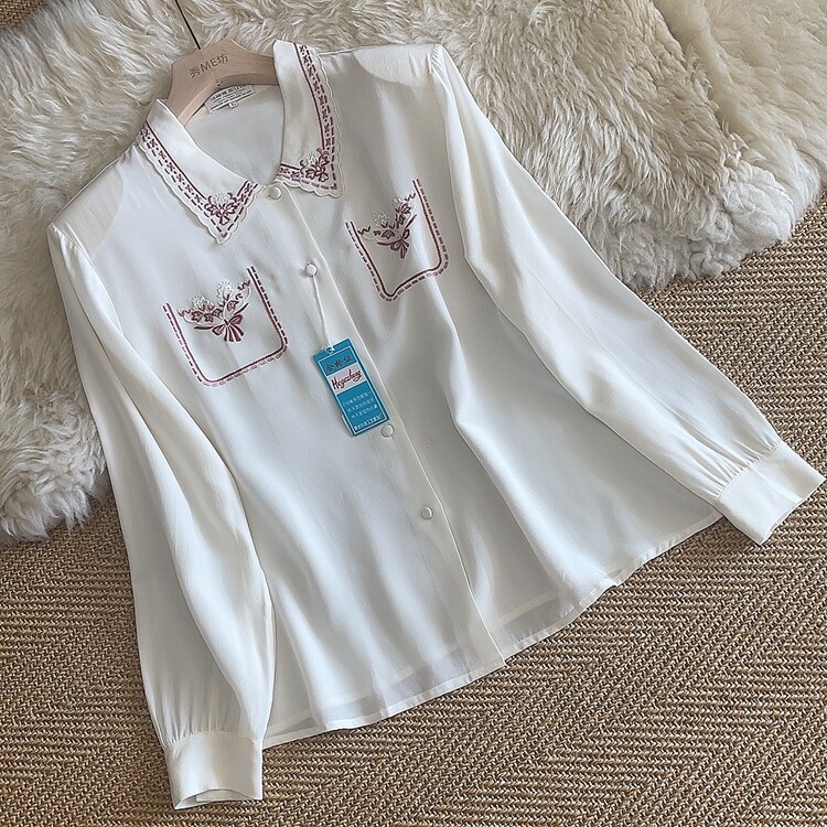 真丝双绉衬衫手工刺绣长袖女夏季
