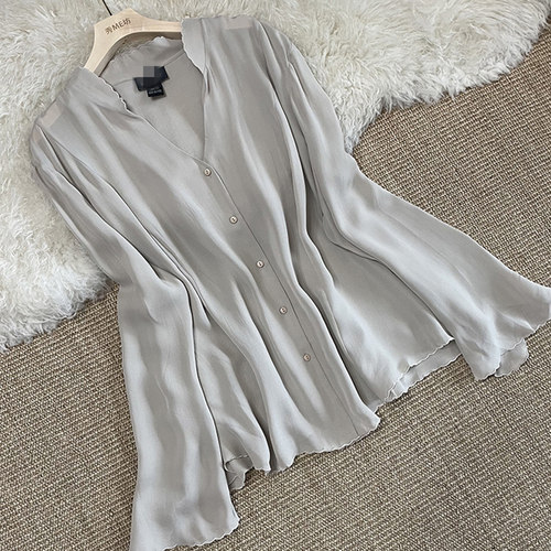 真丝重乔衬衫立领开叉袖波浪锁边