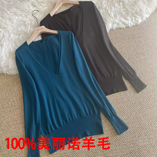 精纺美丽诺羊毛套头针织毛衣女秋冬V领TH家上衣修身显瘦薄打底衫