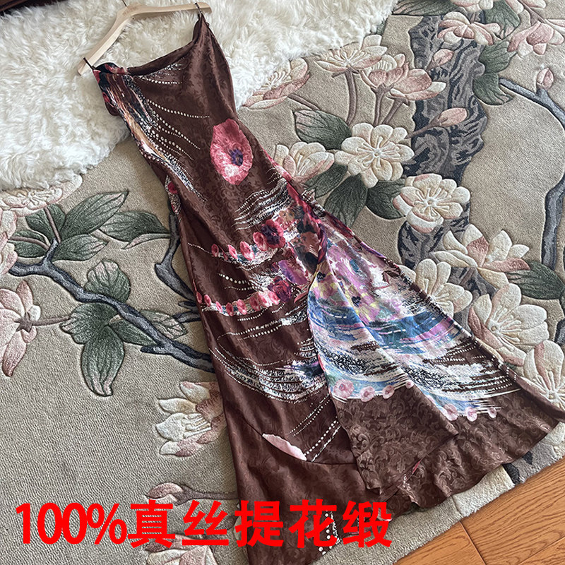 斜裁荡领露背鱼尾真丝吊带连衣裙法式修身缎面吊带裙桑蚕丝鱼尾裙