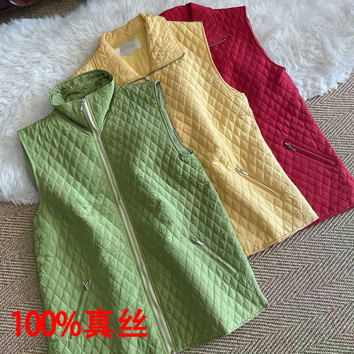 真丝马夹女大码中长菱格棉服外套