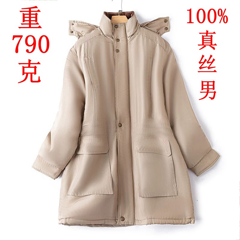 棉衣男冬季薄款真丝棉服中长款保暖夹棉风衣外套休闲老钱连帽棉袄