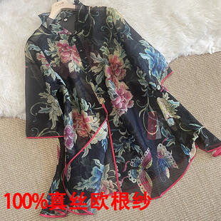 新中式桑蚕丝印花33姆米真丝欧根纱中长款 A字衬衫立领宽松女装