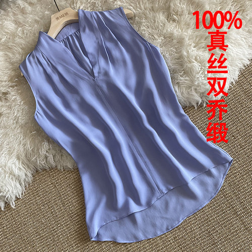 无袖真丝重乔缎衬衫前短后长压褶