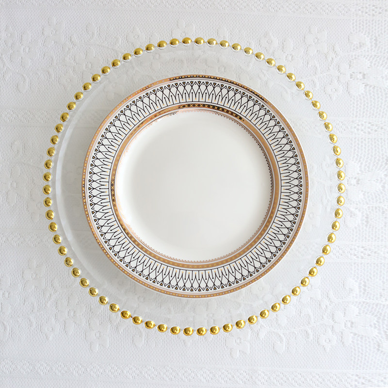 欧式玻璃珠点镀金西餐盘牛排盘沙拉盘 西餐宴会花式摆盘垫盘