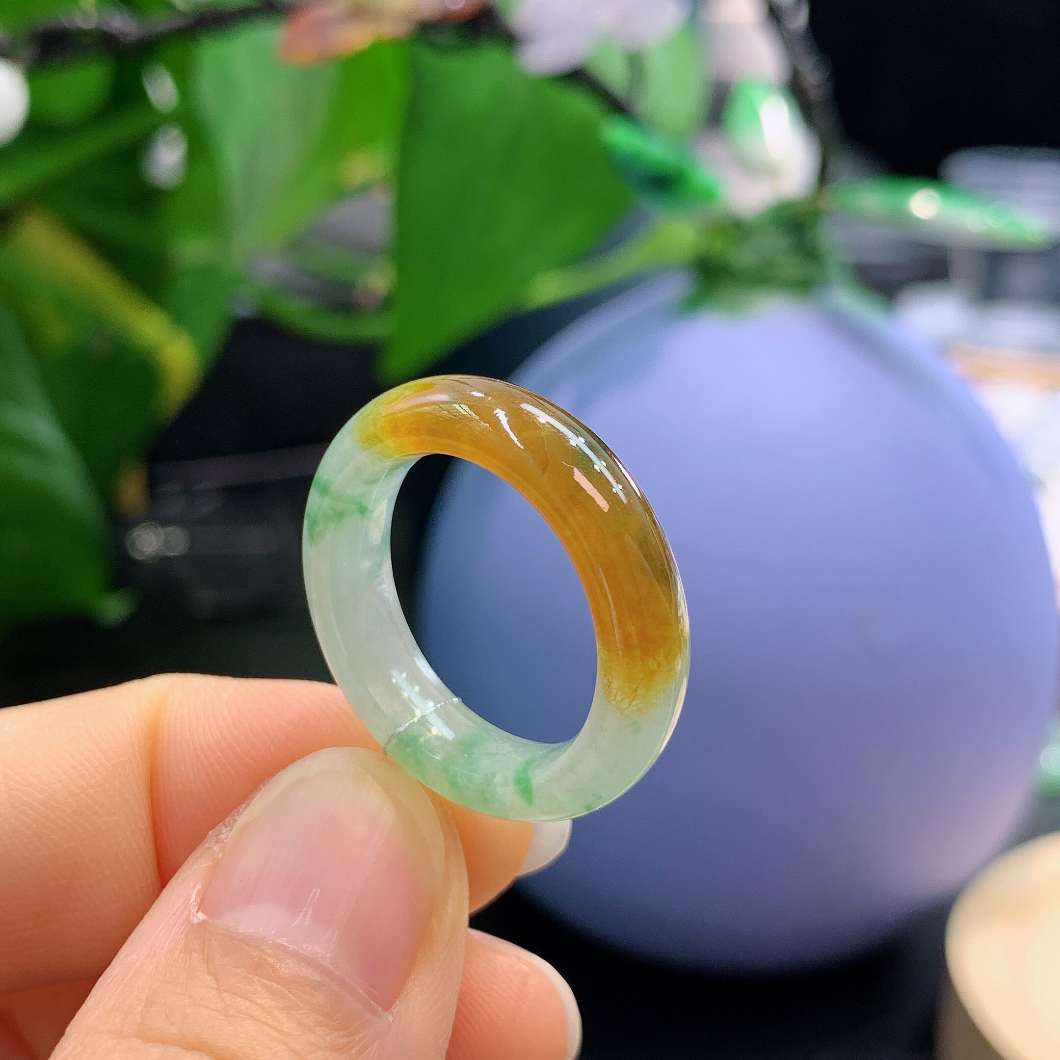 18圈口缅甸天然翡翠A货冰红黄翡飘绿花戒指A217#