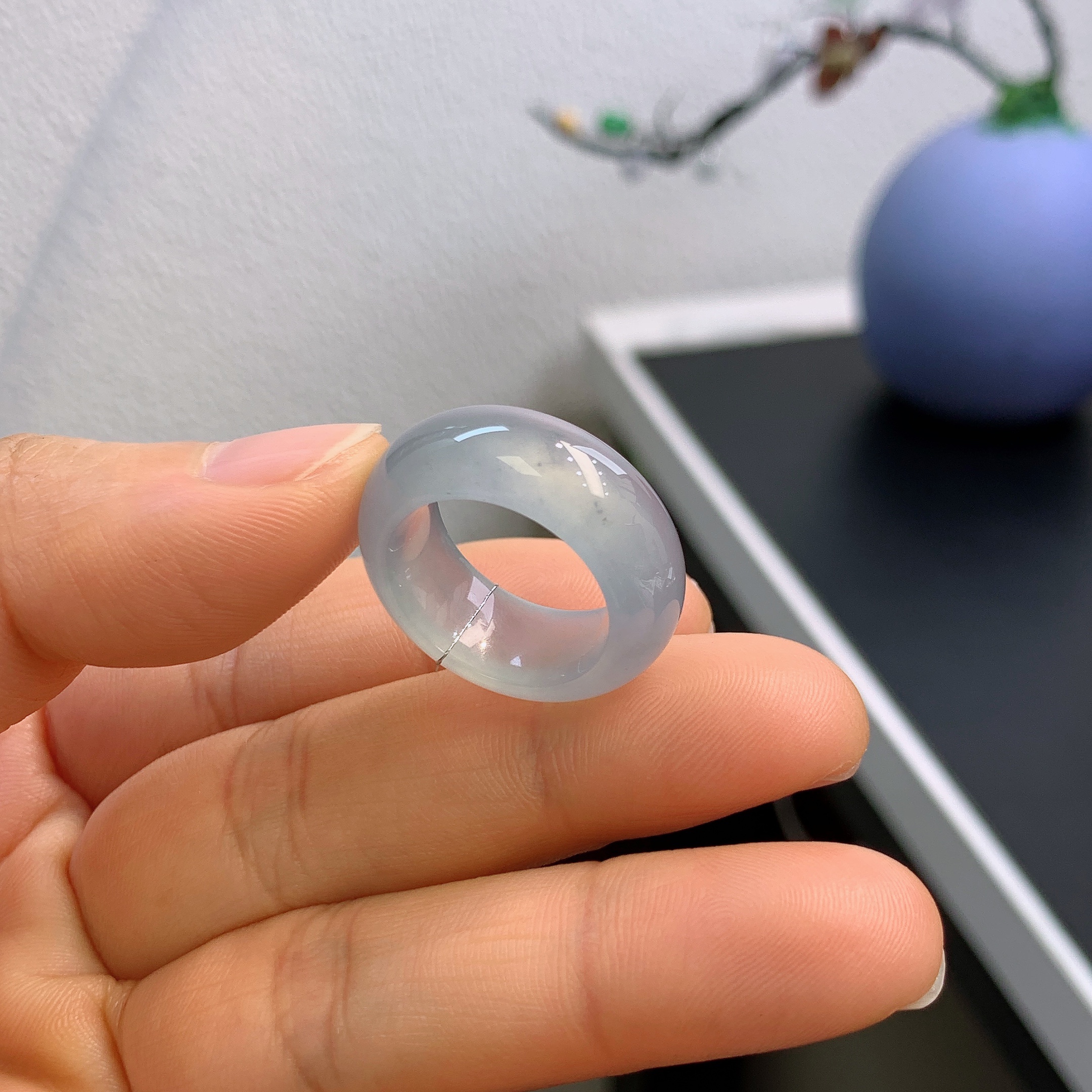 12-13圈口缅甸天然翡翠A货冰宽版蓝钢戒指436#