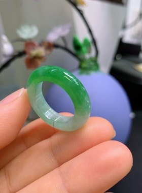 17圈口缅甸天然翡翠A货冰润浓绿半山水戒指A841#