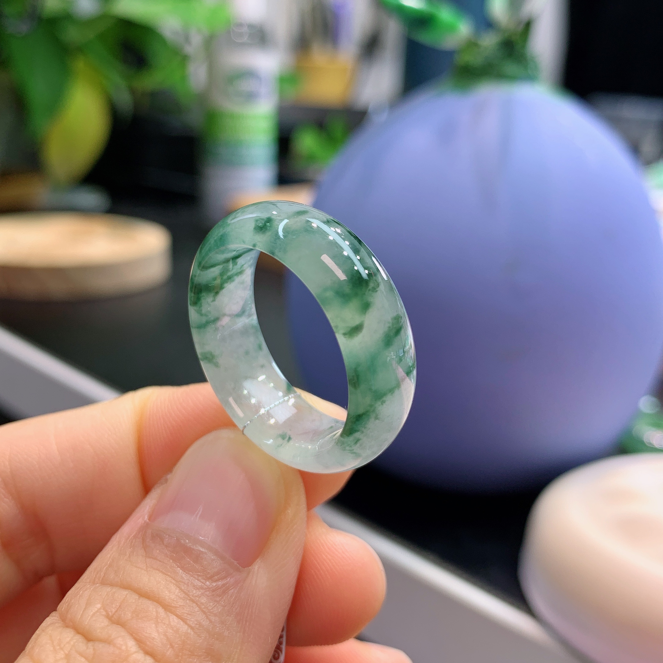 21-22圈口缅甸天然翡翠A货宽版冰飘花戒指6.13g