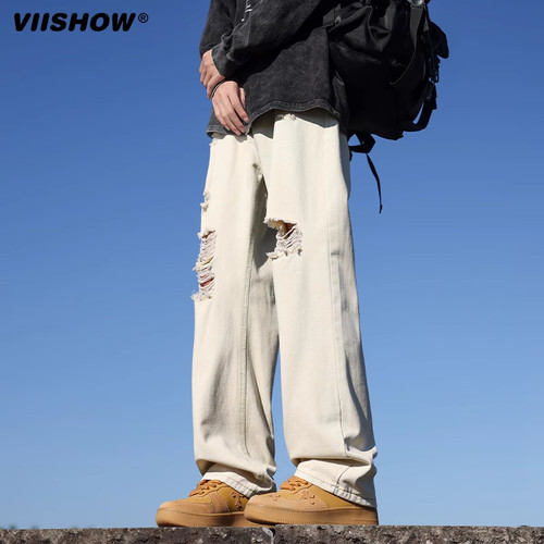 VISHOW破洞牛仔裤男士春季美式hiphop裤子高街vibe直筒微喇长裤