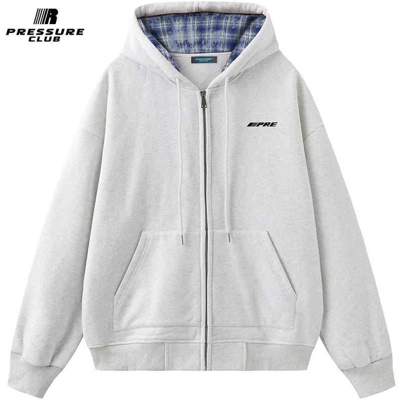 PRESSURE美式复古拼接撞色扎染格子字母Logo印花休闲宽松落肩卫衣