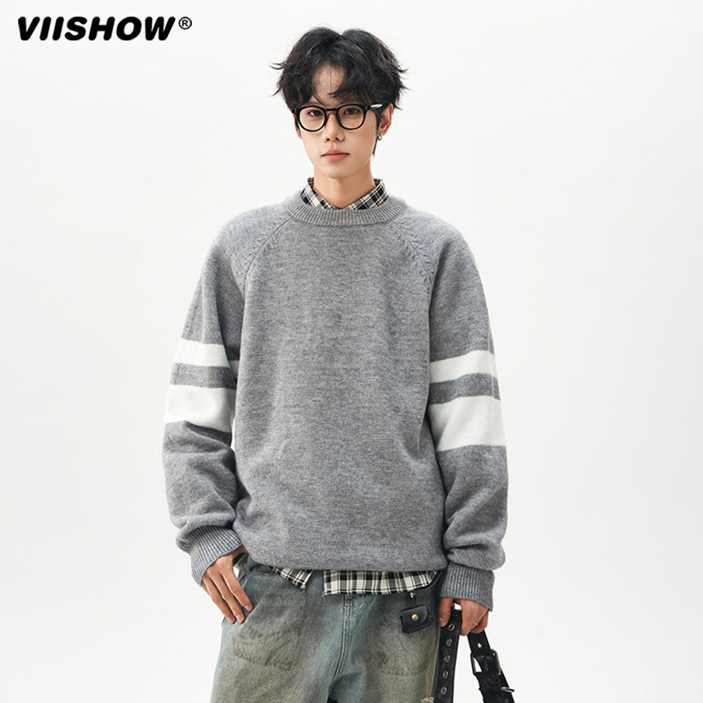 VIISHOW街头复古撞色拼接圆领针织衫男潮牌宽松情侣休闲百搭毛衣,男装,针织衫/毛衣,淘宝优惠券,粉丝福利购,淘宝优惠卷