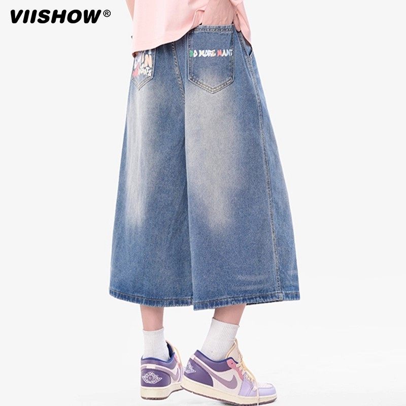 VIISHOW美式复古牛仔短裤男夏季潮牌印花水洗做旧七分裤阔腿裤子,男装,牛仔裤,淘宝优惠券,粉丝福利购,淘宝优惠卷