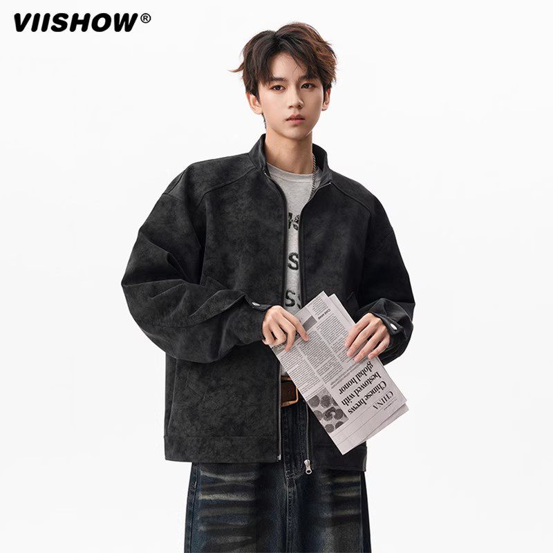 VIISHOW美式复古皮衣外套男士秋2025宽松立领飞行夹克PU皮棒球服