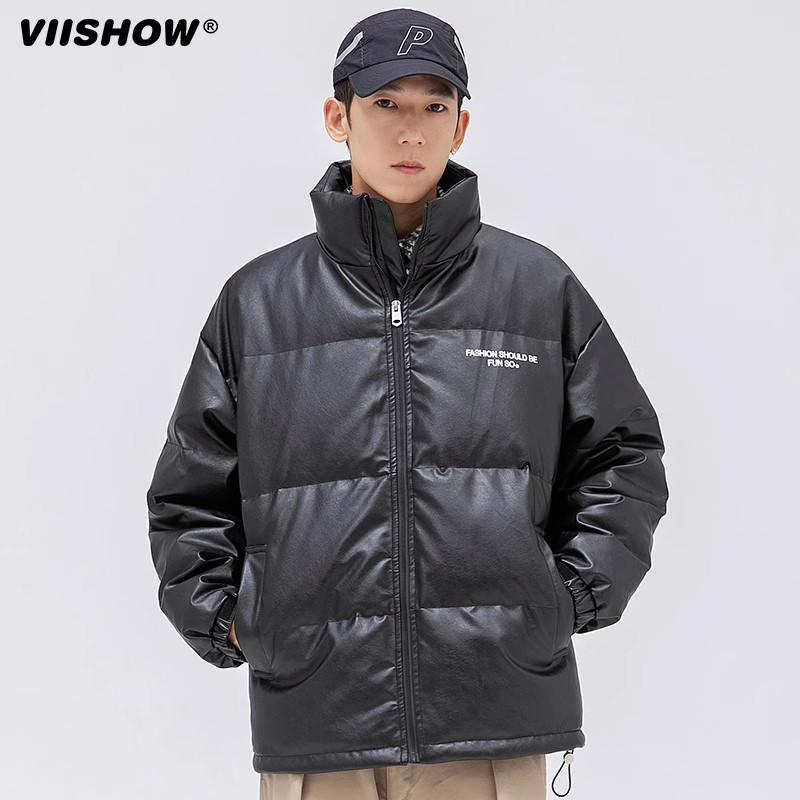 VISHOW潮流pu皮男士冬季立领90%鸭绒美式潮牌高街男生羽绒服外套