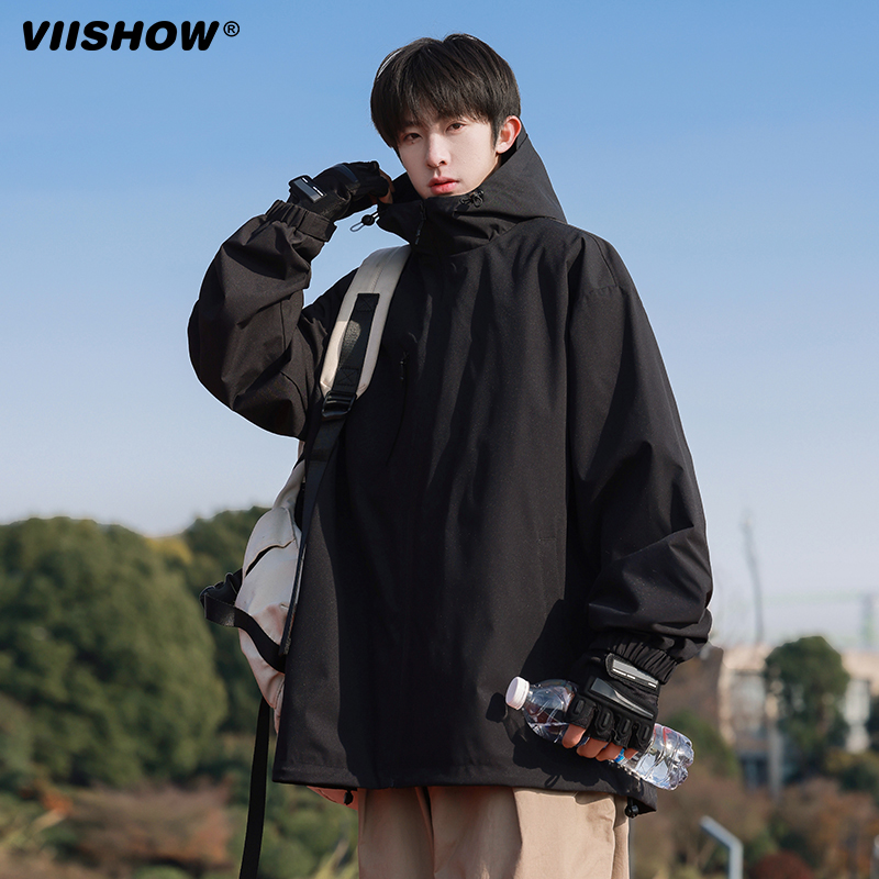 VIISHOW连帽黑武士冲锋衣外套男春秋季2025新款潮牌登山软壳夹克