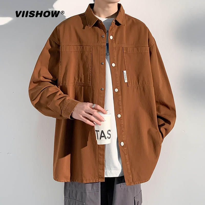 viishow纯棉衬衫长袖工装男士衬衣日系休闲宽松上衣春秋外套男装