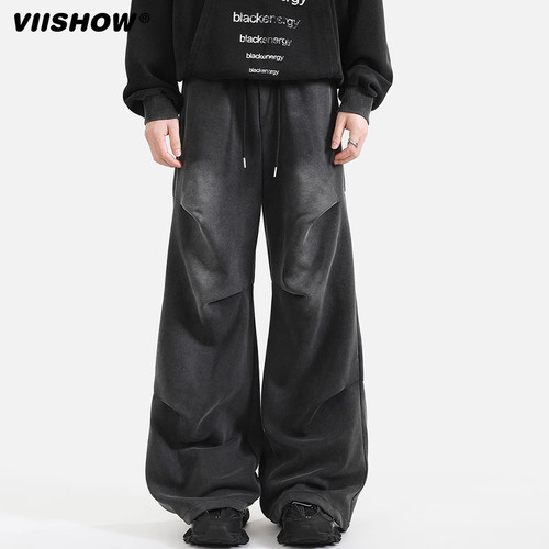 VIISHOW美式水洗做旧卫裤男春季潮牌拼接阔腿裤高街潮牌休闲裤子