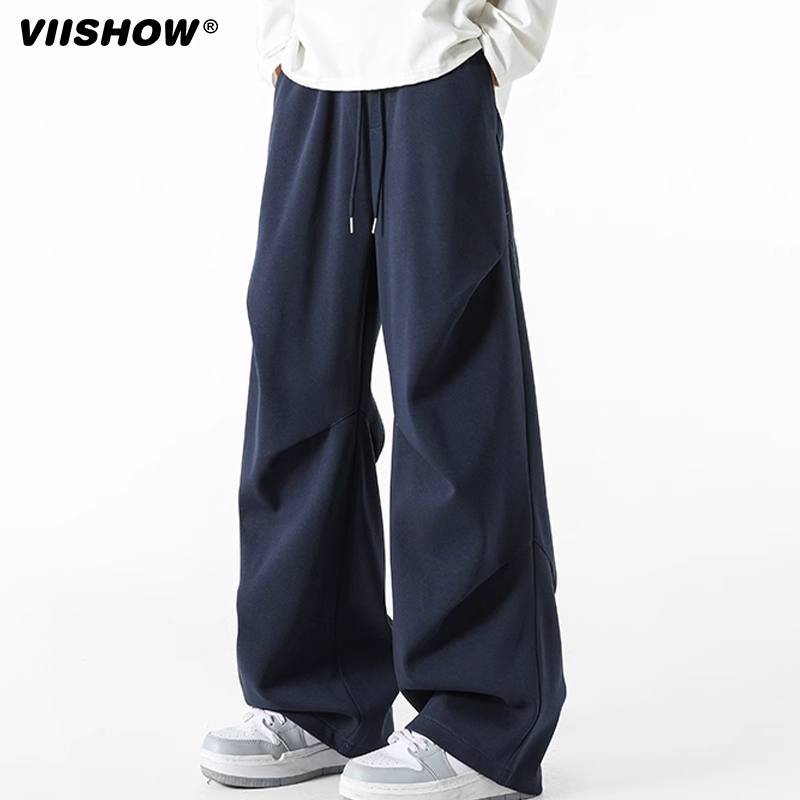 VIISHOW褶皱伞兵卫裤男春美式垂坠感工装长裤直筒宽松阔腿休闲裤