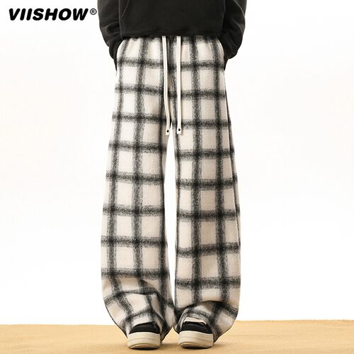 VIISHOW毛呢格子裤男秋冬季宽松直筒加绒加厚慵懒风阔腿休闲裤子