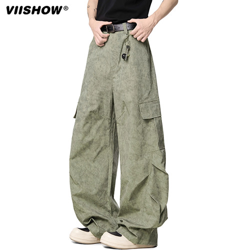 VIISHOW美式扎染高街工装弯刀裤男潮牌宽松阔腿皱褶伞兵休闲裤
