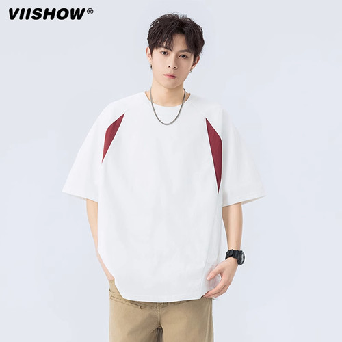 VIISHOW美式重磅撞色拼接短袖T恤男款2025夏季薄款潮牌宽松半袖