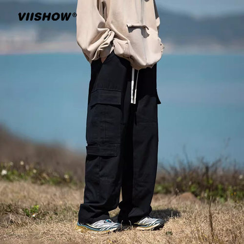VIISHOW夏季工装裤男士纯棉多口袋松紧腰设计宽松男生休闲长裤子