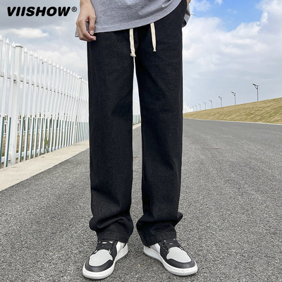 VIISHOW高腰窄版阔腿裤牛仔裤男夏季2025年新款宽松拖地直筒裤子