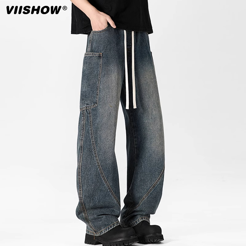 VIISHOW复古水洗弯刀牛仔裤男春季美式宽松高街直筒阔腿长裤潮