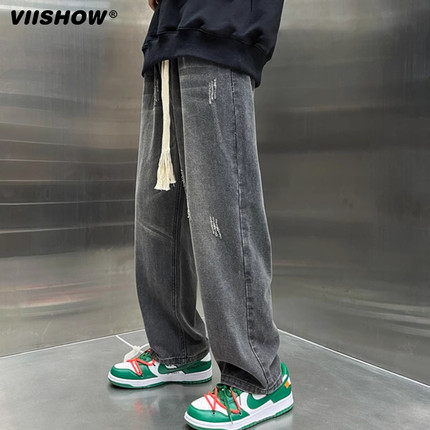 VIISHOW抽绳牛仔裤男宽松休闲痞帅新款直筒高街裤子潮流百搭潮牌