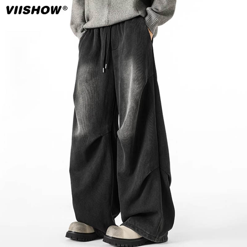 VIISHOW美式水洗做旧卫裤男春季潮牌拼接阔腿裤高街潮牌休闲裤子,男装,休闲裤,淘宝优惠券,粉丝福利购,淘宝优惠卷