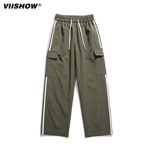 VISHOW美式街头裤子男春秋潮牌复古条纹休闲长裤高街直筒宽松工装