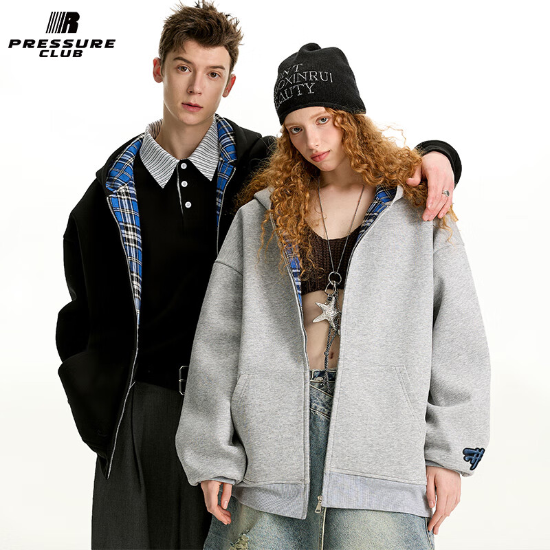 PRESSURE美式复古拼接撞色格子基础简约宽松休闲开衫卫衣外套情侣