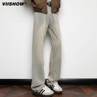 宽松高级感直筒百搭微喇长裤 VIISHOW黑色弯刀牛仔裤 男2025年美式