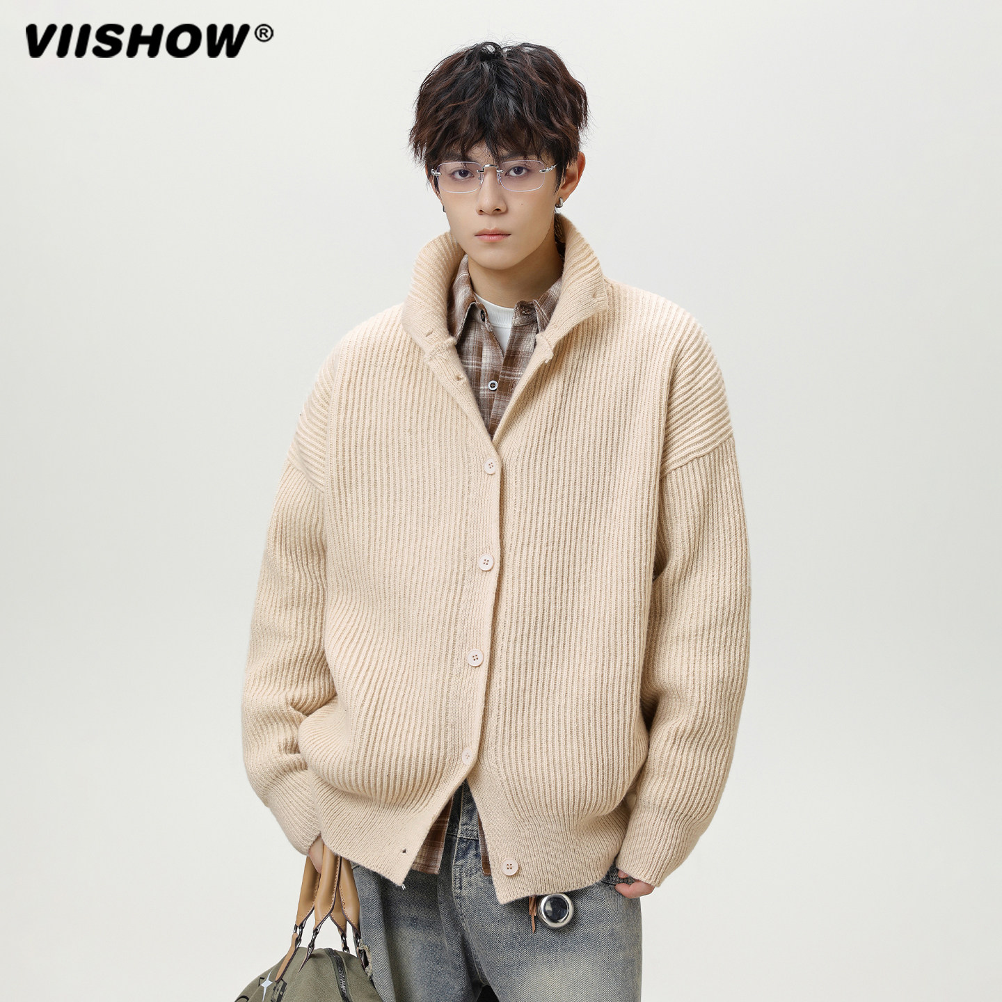 VIISHOW复古高领针织开衫男秋季潮牌宽松立领夹克情侣款毛衣外套,男装,针织衫/毛衣,淘宝优惠券,粉丝福利购,淘宝优惠卷