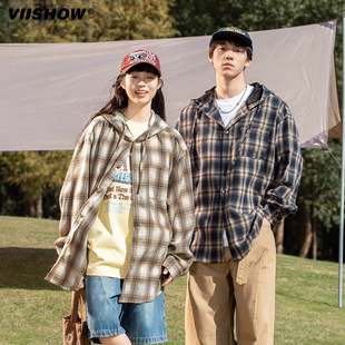 美式 VIISHOW格子长袖 新款 男25春季 复古宽松潮牌衬衣连帽外套 衬衫