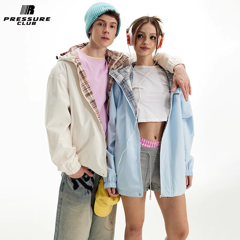 PRESSURE基础美式撞色拼接格纹字母印花休闲宽松夹克外套情侣款