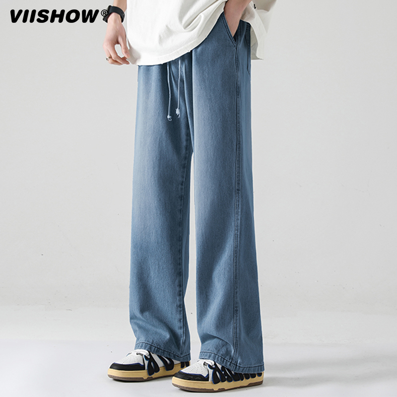 VIISHOW宽松牛仔裤男复古黄泥染浅色阔腿直筒裤潮流拖地休闲长裤