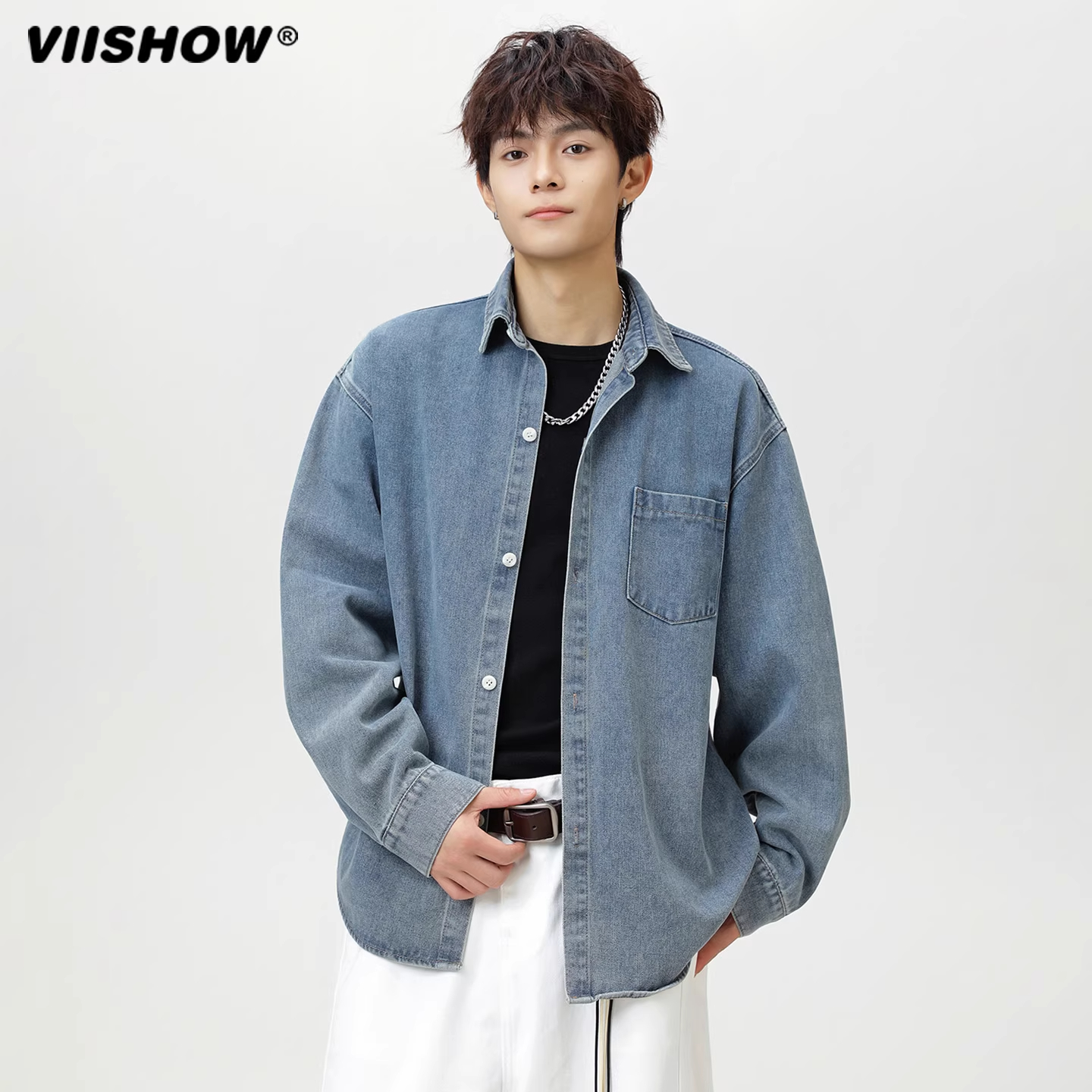 VIISHOW长袖衬衫男2025年早秋水洗牛仔衬衫宽松潮牌男士薄款外套