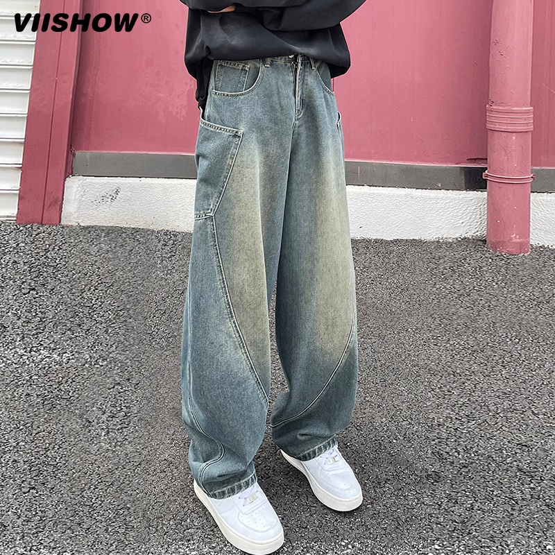 VIISHOW潮牌美式做旧水洗直筒牛仔裤男高街宽松阔腿弯刀工装长裤