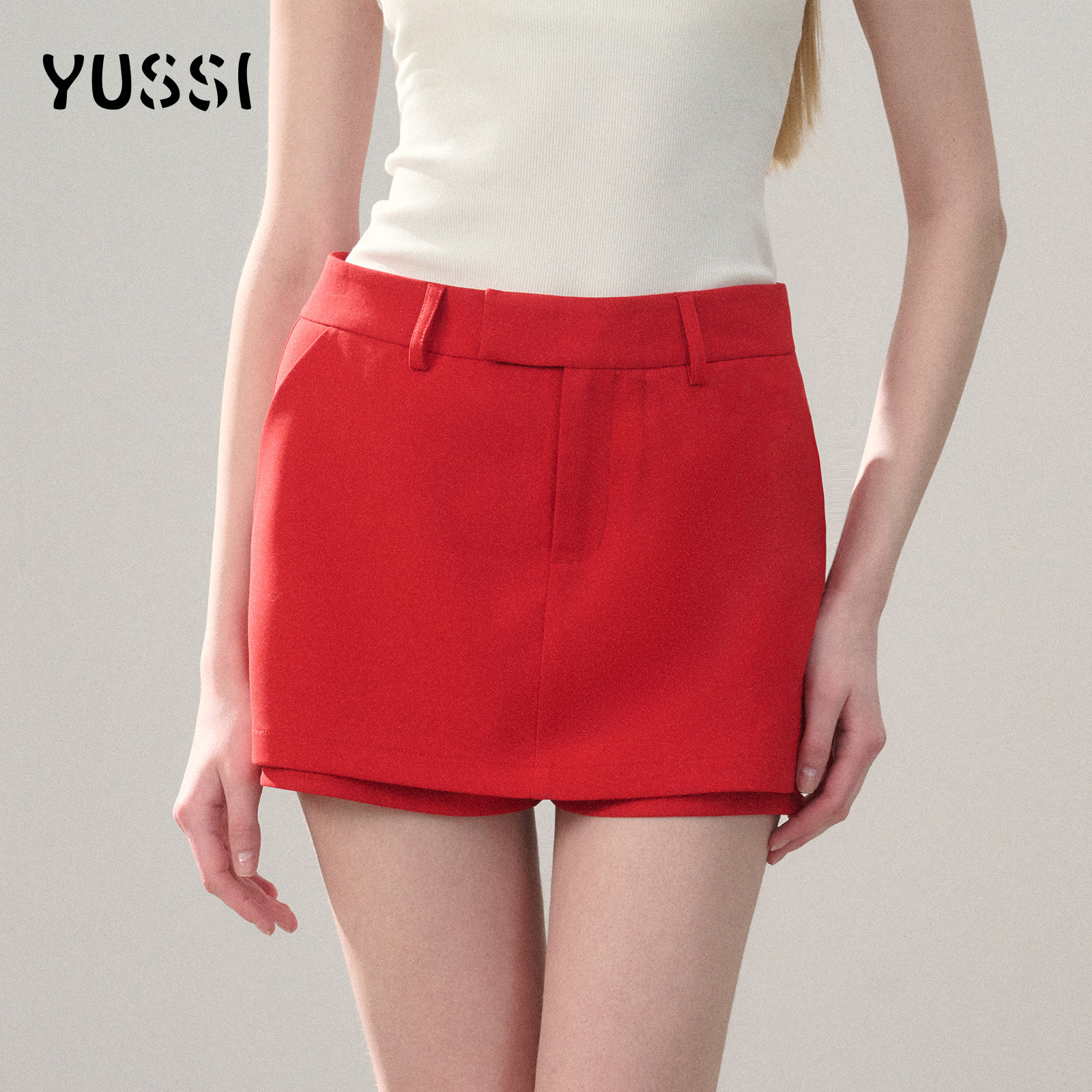 YUSSI2026春夏新款红色绣花裤裙女高腰显瘦a字半身裙子西装短裙裤