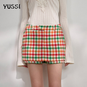 YUSSI假两件彩色羊毛格纹裤 裙秋冬刺绣高腰a字短裙保暖毛呢半身裙