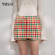 YUSSI假两件彩色羊毛格纹裤 裙秋冬刺绣高腰a字短裙保暖毛呢半身裙